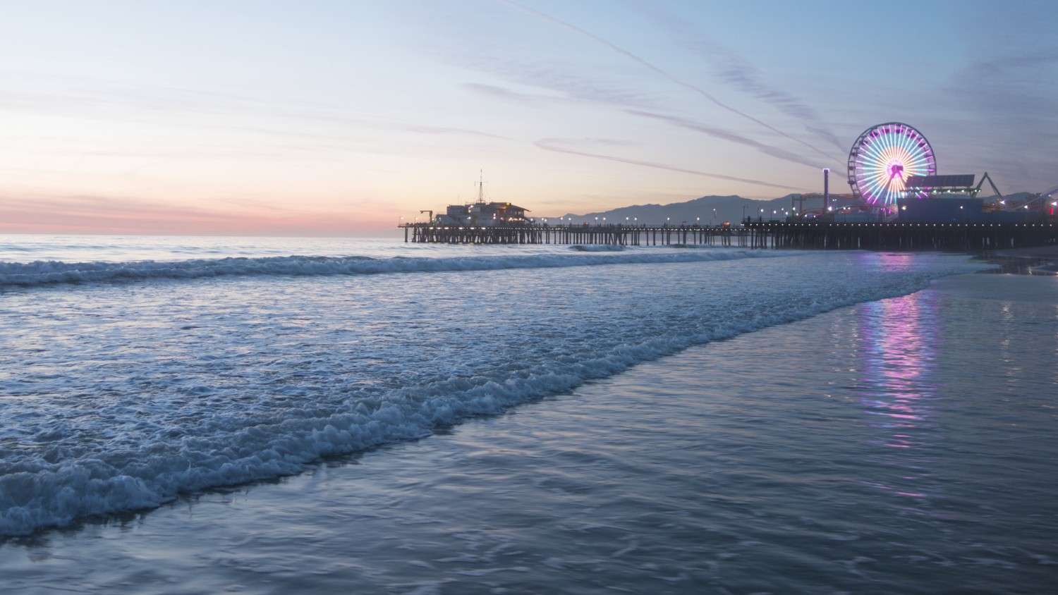 Santa Monica Beach and Pier at sunset Los Angeles California