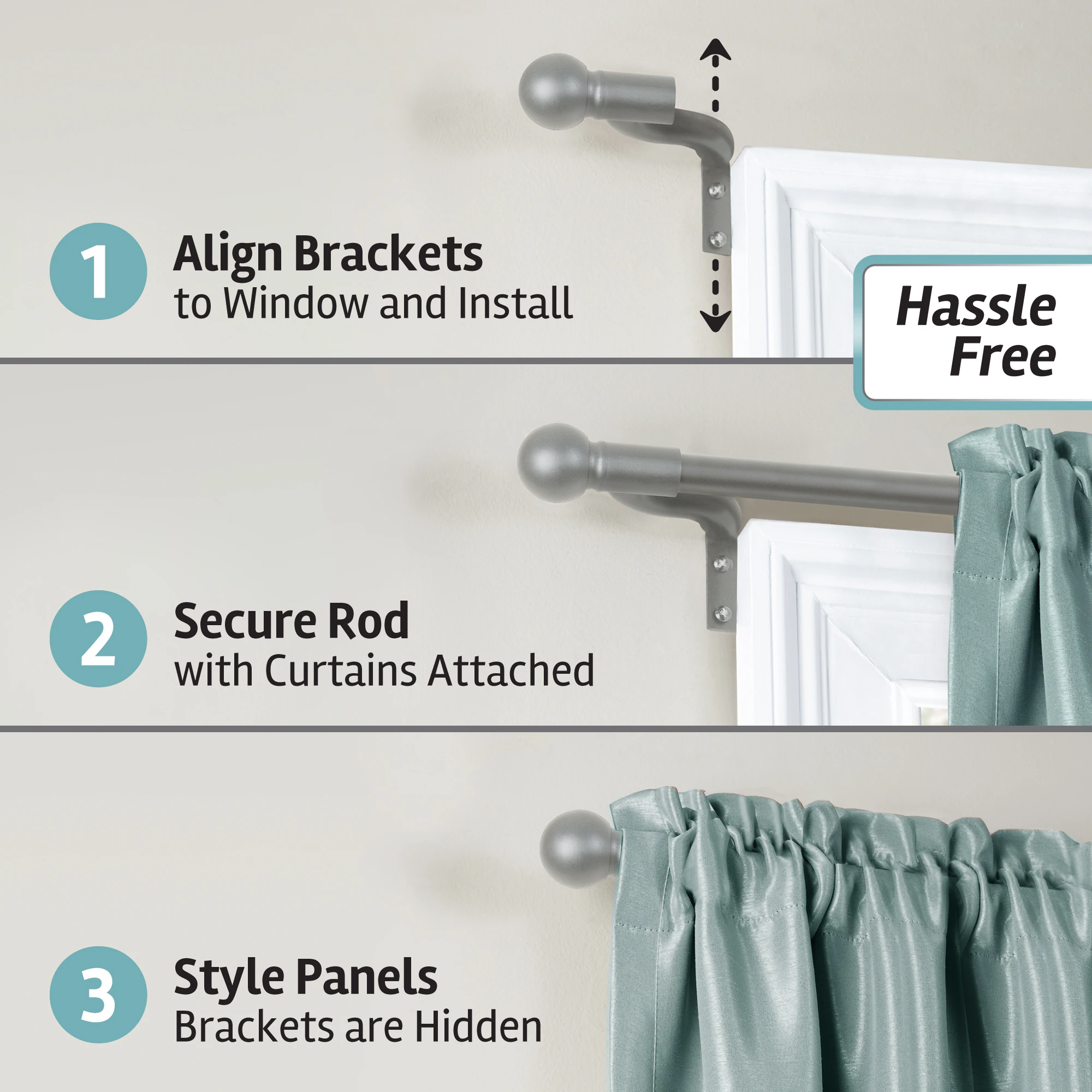 Double curtain rod bracket mounted above a window with sheer and blackout panels layered