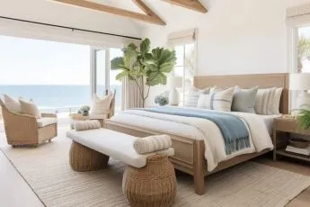 Bedroom styled with layered natural textures like linen and wood