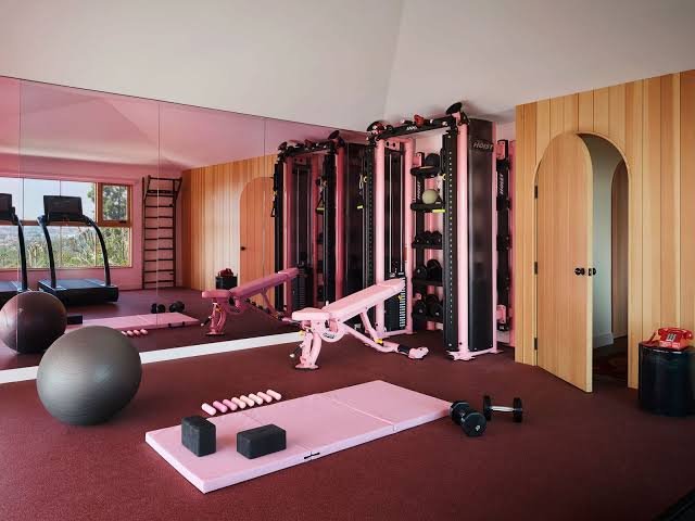 Custom pink gym with sliding glass doors and outdoor aerial training rig
