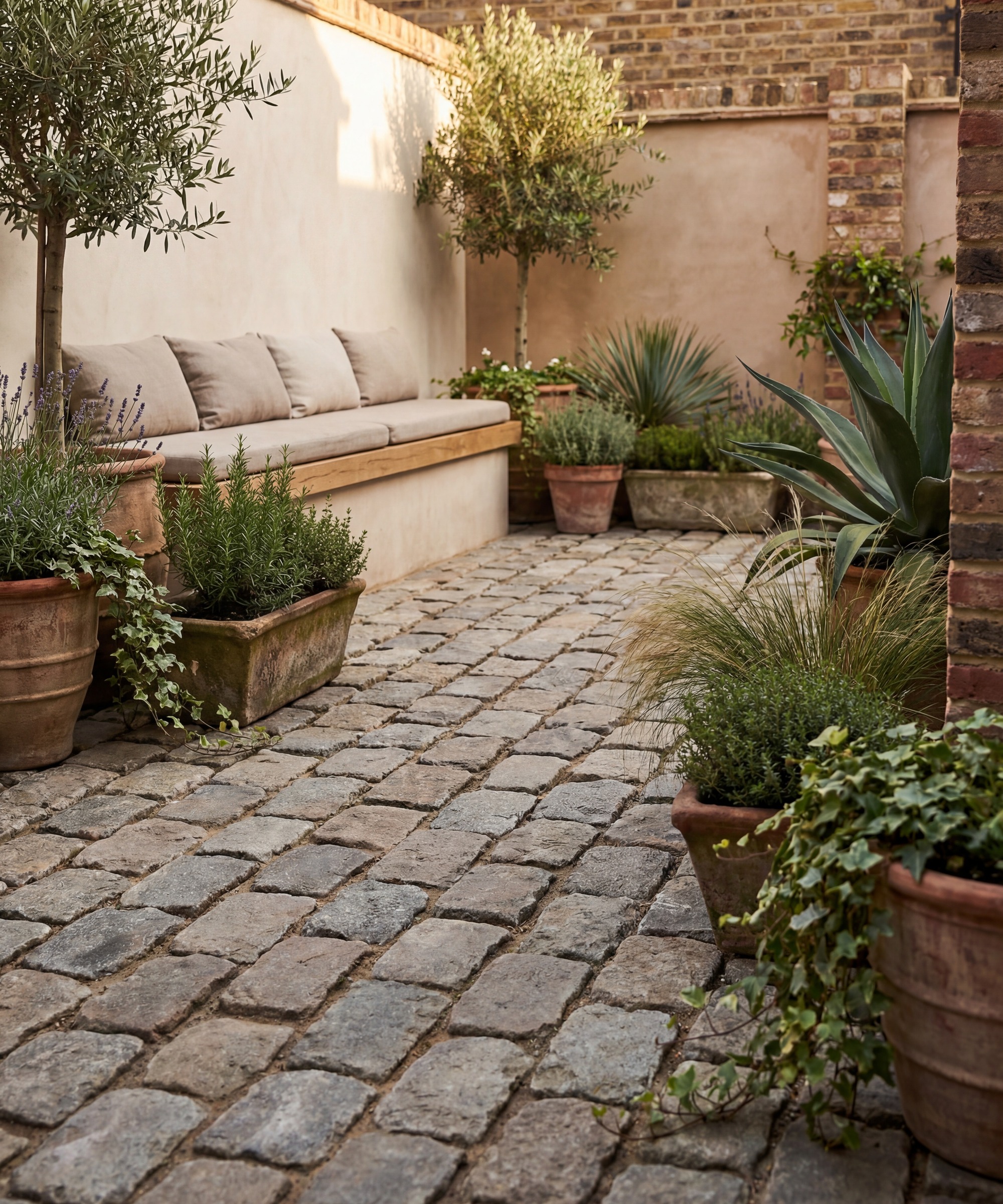 Potted olive tree on a stone patio in a Mediterranean-style garden