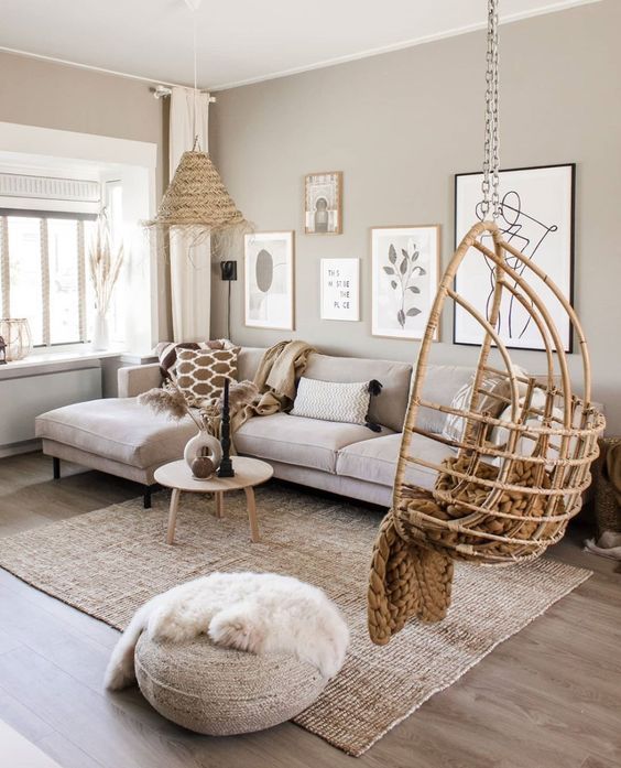 Neutral color palette living room with greige walls and cream textiles